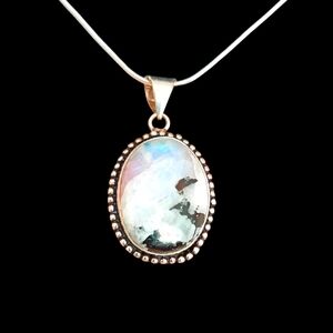 Rainbow Moonstone Blue Purple Flash Black Tourmaline 925 S Silver Oval Necklace